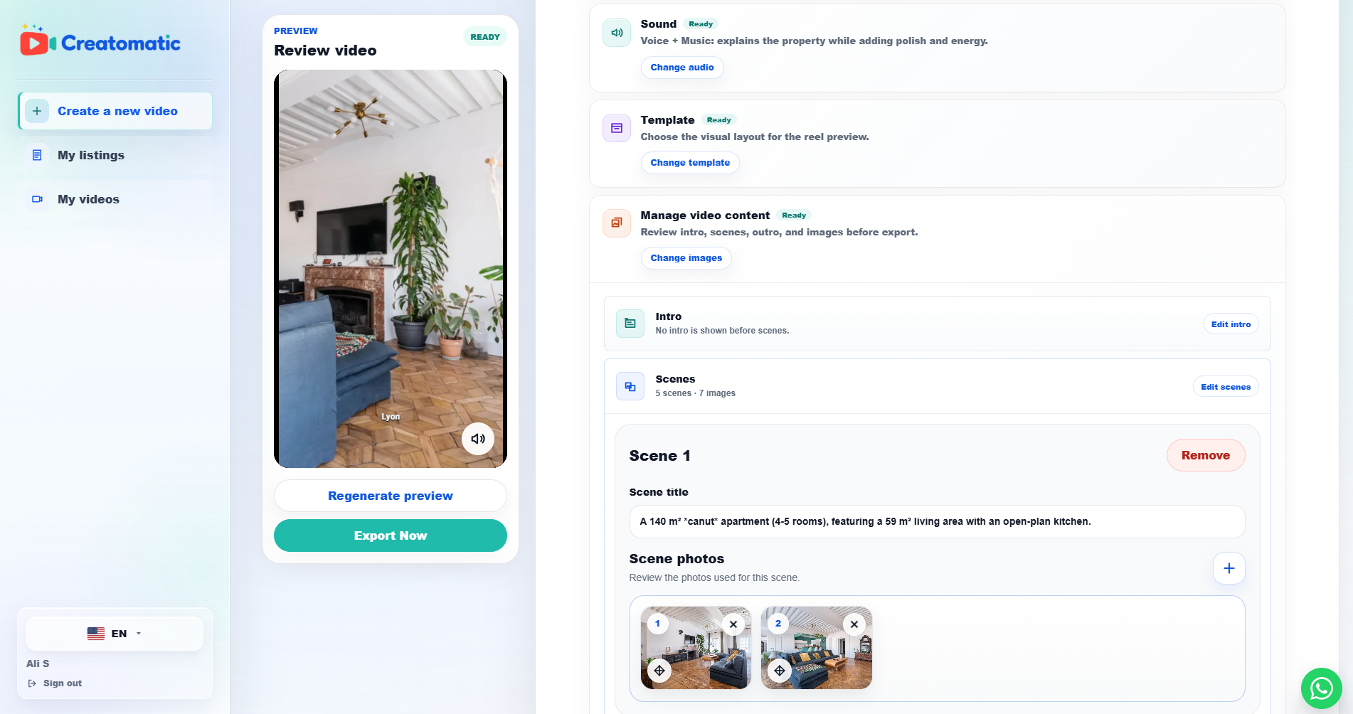 Creatomatic video editor with property preview, audio controls and editable scenes