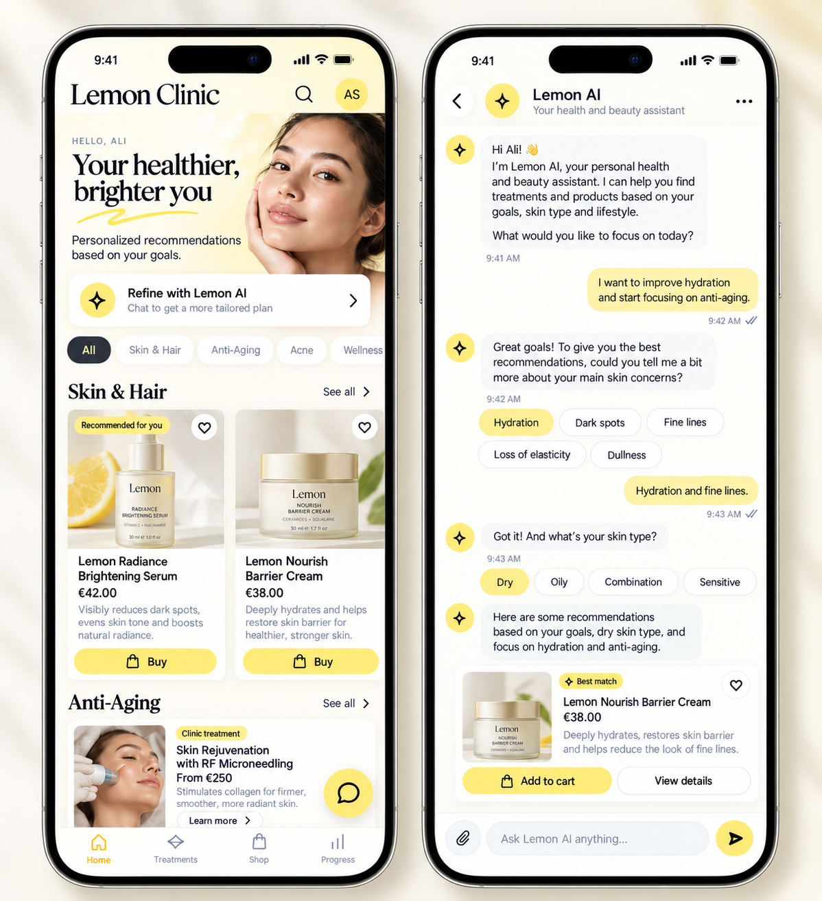 Lemon Clinic mobile experience showing personalized products and a guided Lemon AI recommendation conversation