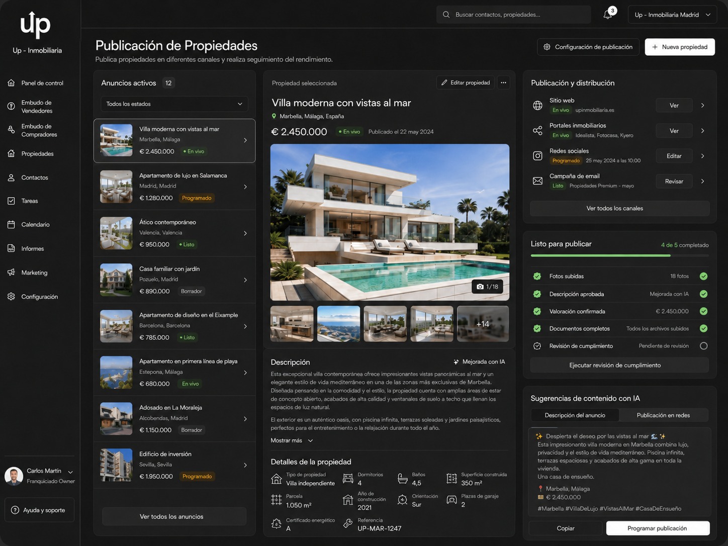 UpEstate property-publication interface showing listings, distribution channels and AI content suggestions