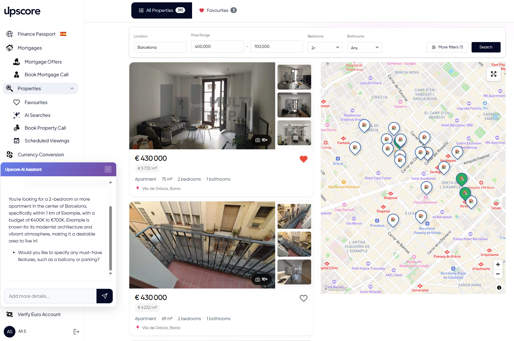 Upscore Property Finder with conversational AI search, property listings and a map